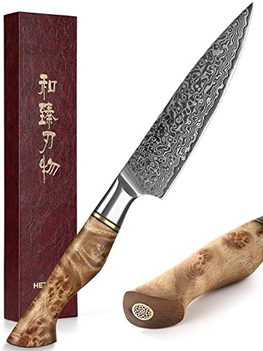HEZEN cuchillo utilidad 5 pulgadas, hoja damasco rosa, afilado y versátil.