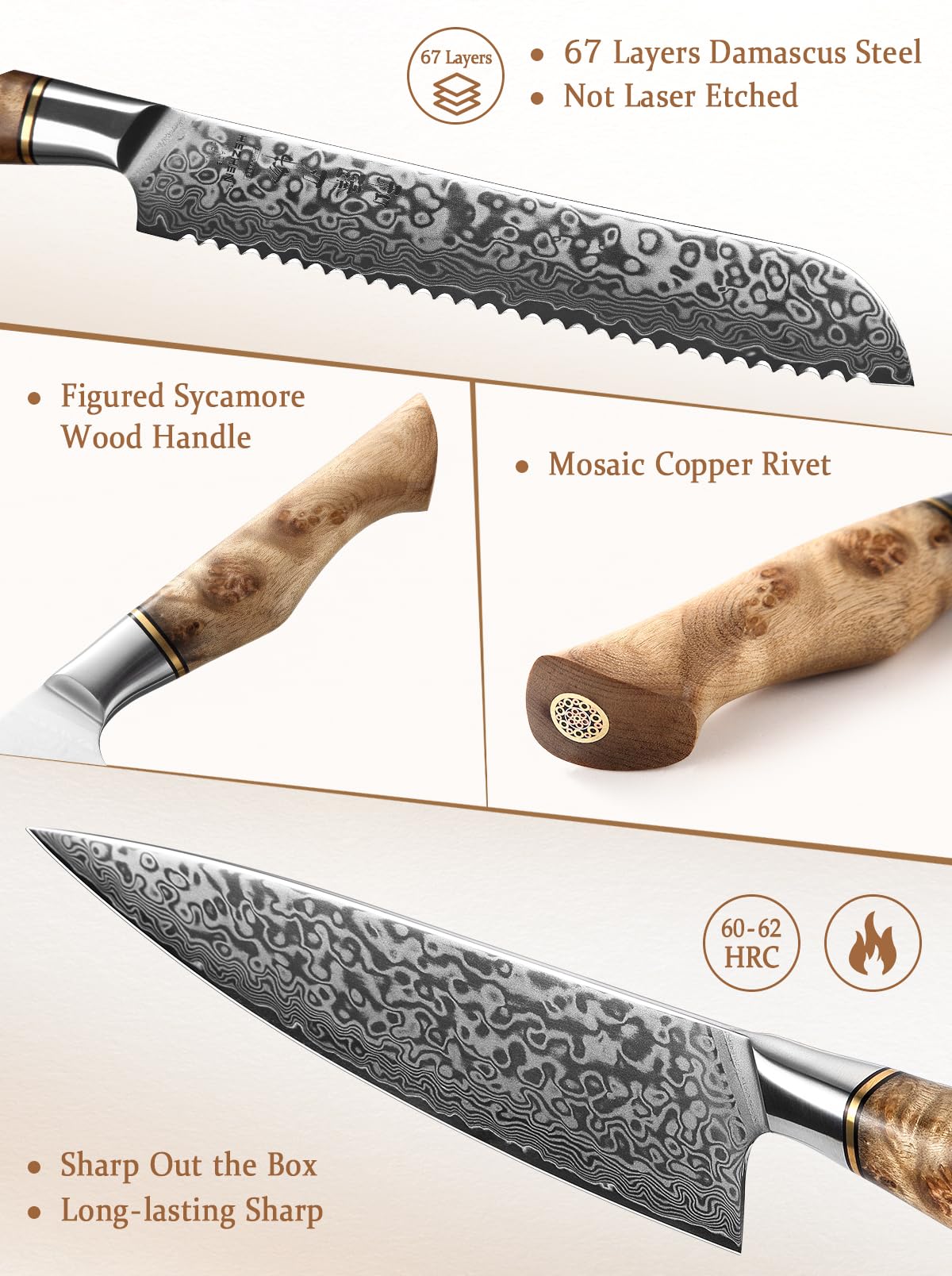 Cuchillo chef HEZHEN damasco 67 capas con filo afilado y preciso
