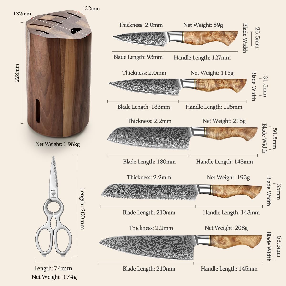 Cuchillo para pan HEZHEN damasco 67 capas con borde suave