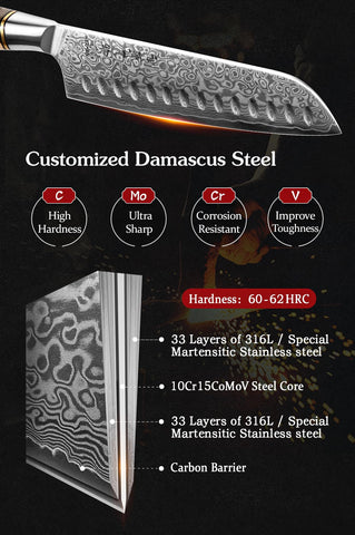 Cuchillo santoku HEZHEN damasco 67 capas para cortes versátiles
