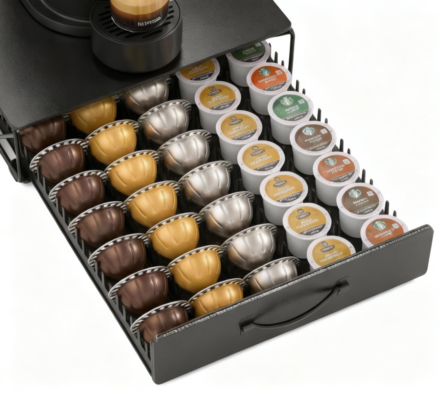 HFHOME cajón para cápsulas Nespresso Vertuo abierto, acceso rápido a cápsulas favoritas.