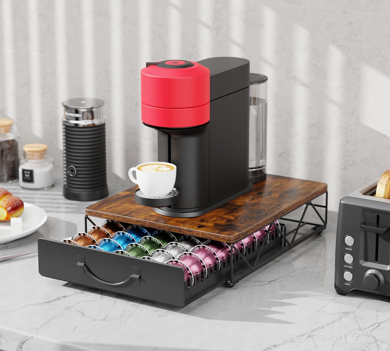 HFHOME Vertuo Pod Holder con cajón deslizante para elegir sabor fácilmente.