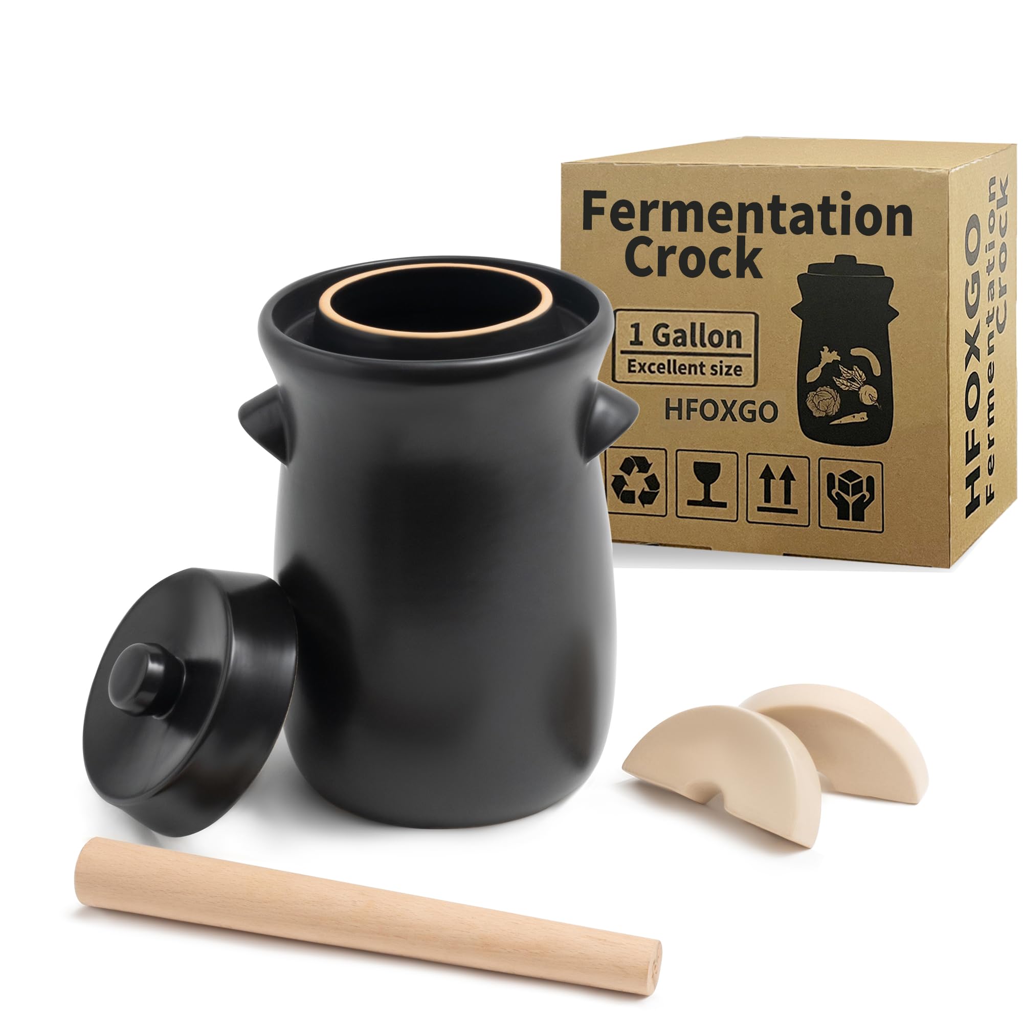 HFOXGO fermentación cerámica 1 galón, vista frontal, apto para verduras encurtidas.