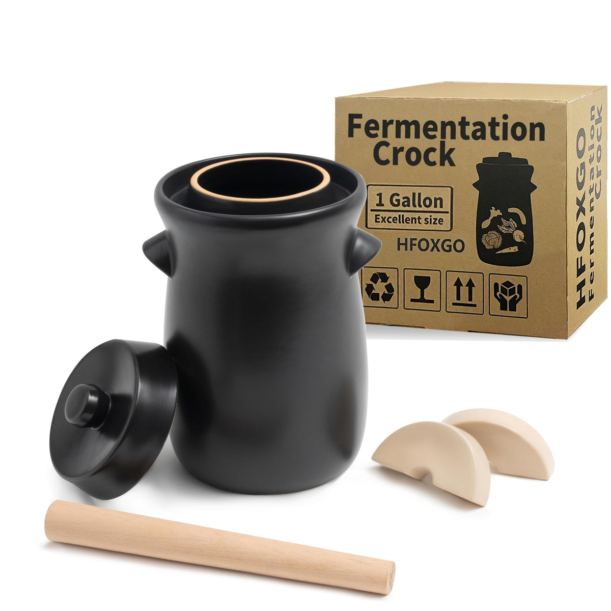 HFOXGO fermentación cerámica 1 galón, vista frontal, apto para verduras encurtidas.