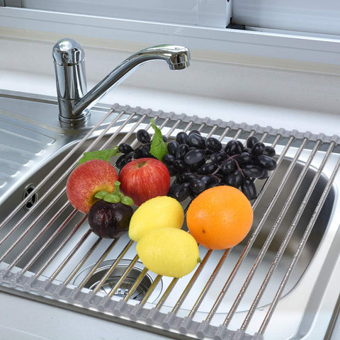 Hhyn escurridor enrollable sobre fregadero, material seguro apto para contacto alimentario.