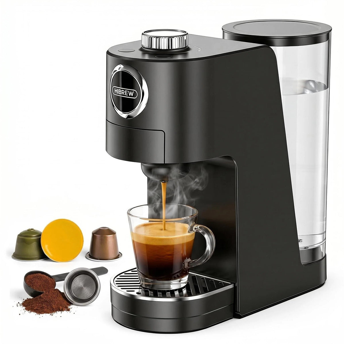 HIBREW H3C vista frontal con taza mostrando tamaño compacto y rapidez