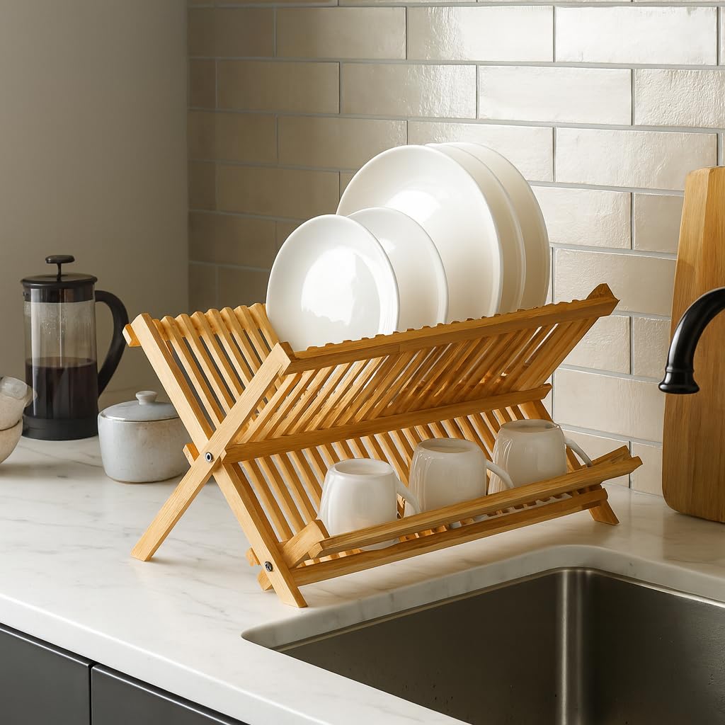 HIC Kitchen escurridor de bambú que no raya porcelana al secar