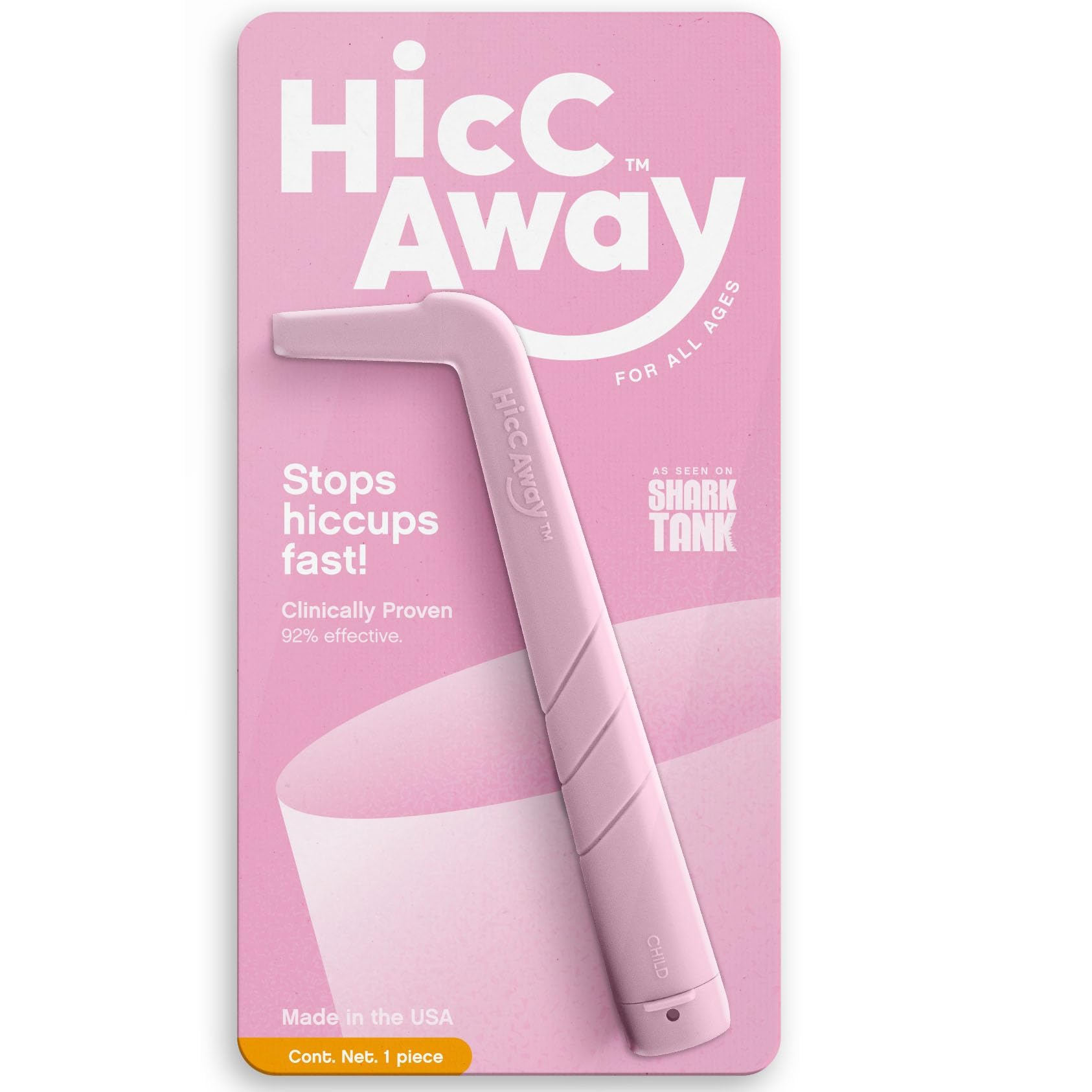 HiccAway, dispositivo rosado en agua, alivio rápido del hipo.
