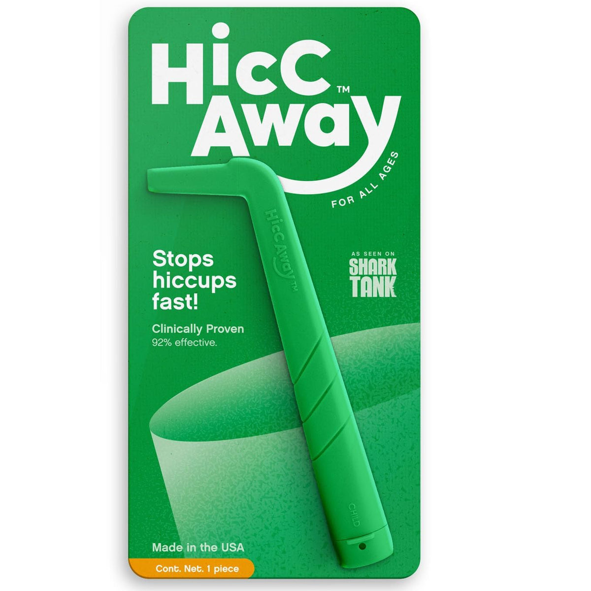 HiccAway en empaque compacto, listo para llevar y usar en cualquier lugar.