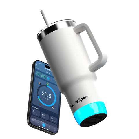 Hidrate Spark PRO 2, vista frontal de la botella blanca, recordatorio de hidratación.
