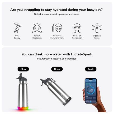 Hidrate Spark Pro, botella aislada de acero inoxidable que mantiene la bebida fría sin condensación.