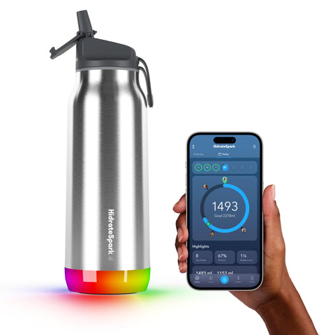 Botella Hidrate Spark Pro con recordatorio luminoso y seguimiento de ingesta en la app.