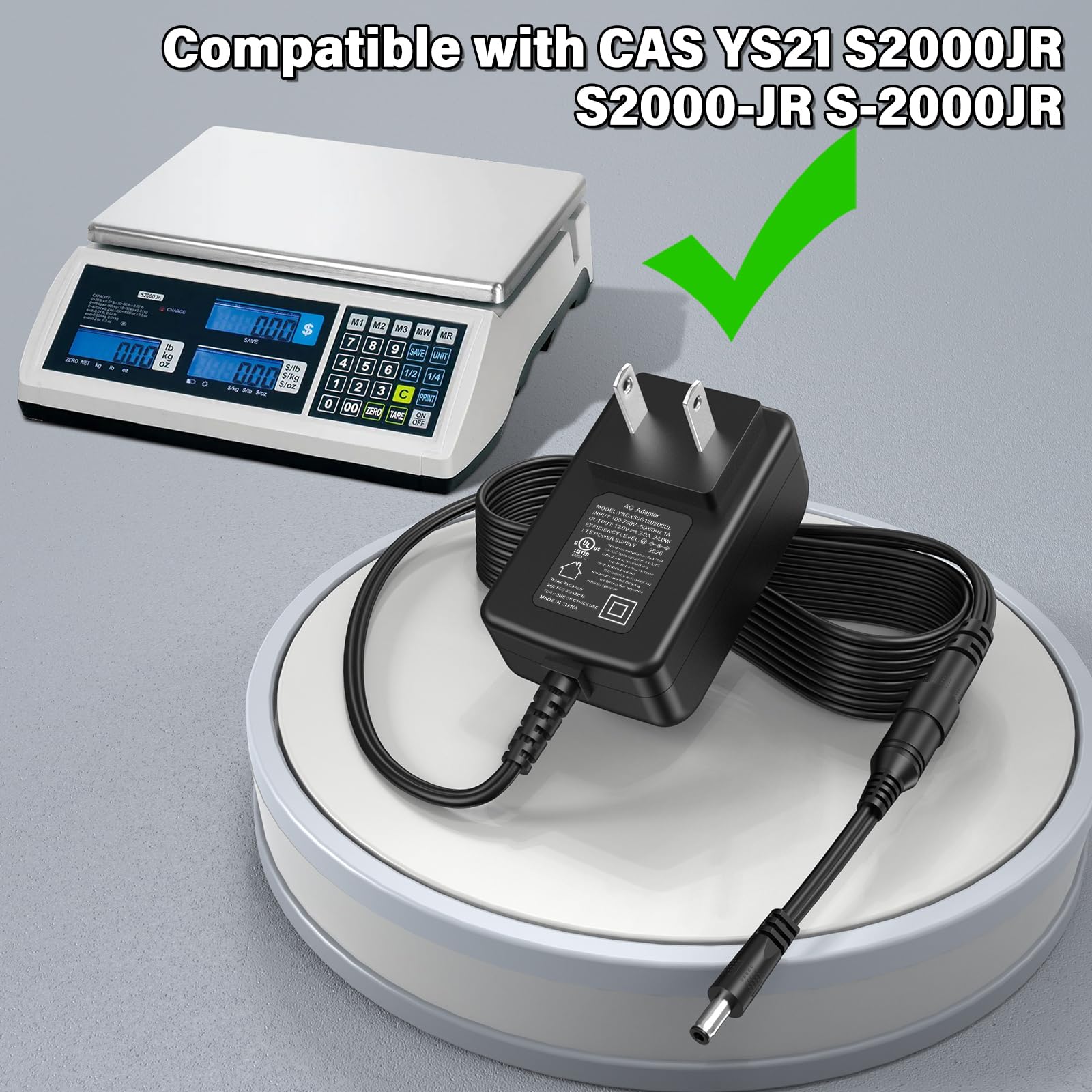Cargador HIENADTOR 12V para CAS S-2000JR, compatibilidad amplia para balanzas comerciales.
