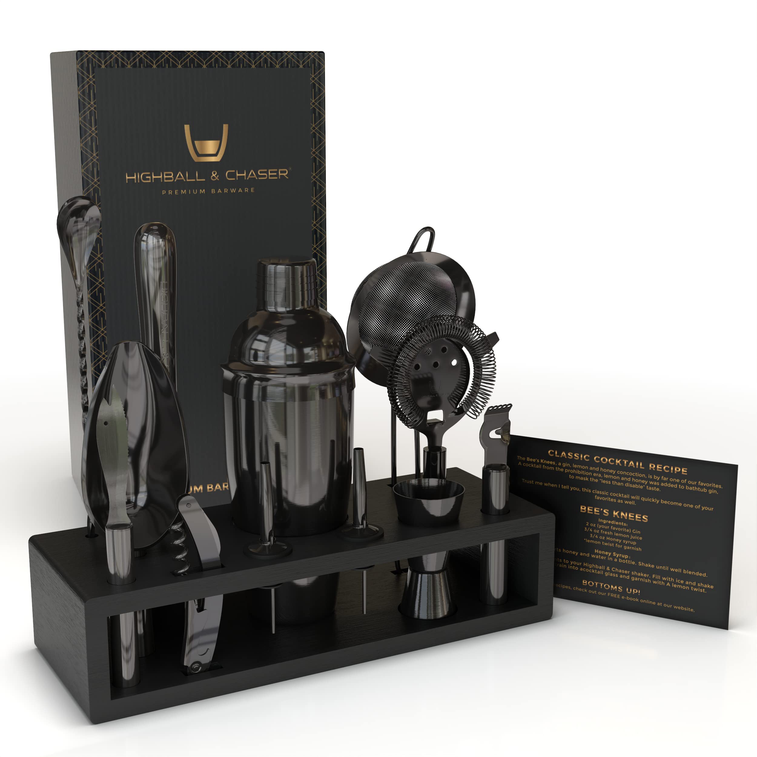 Conjunto Cobbler Highball & Chaser en soporte de bambú negro, ideal para bar en casa.