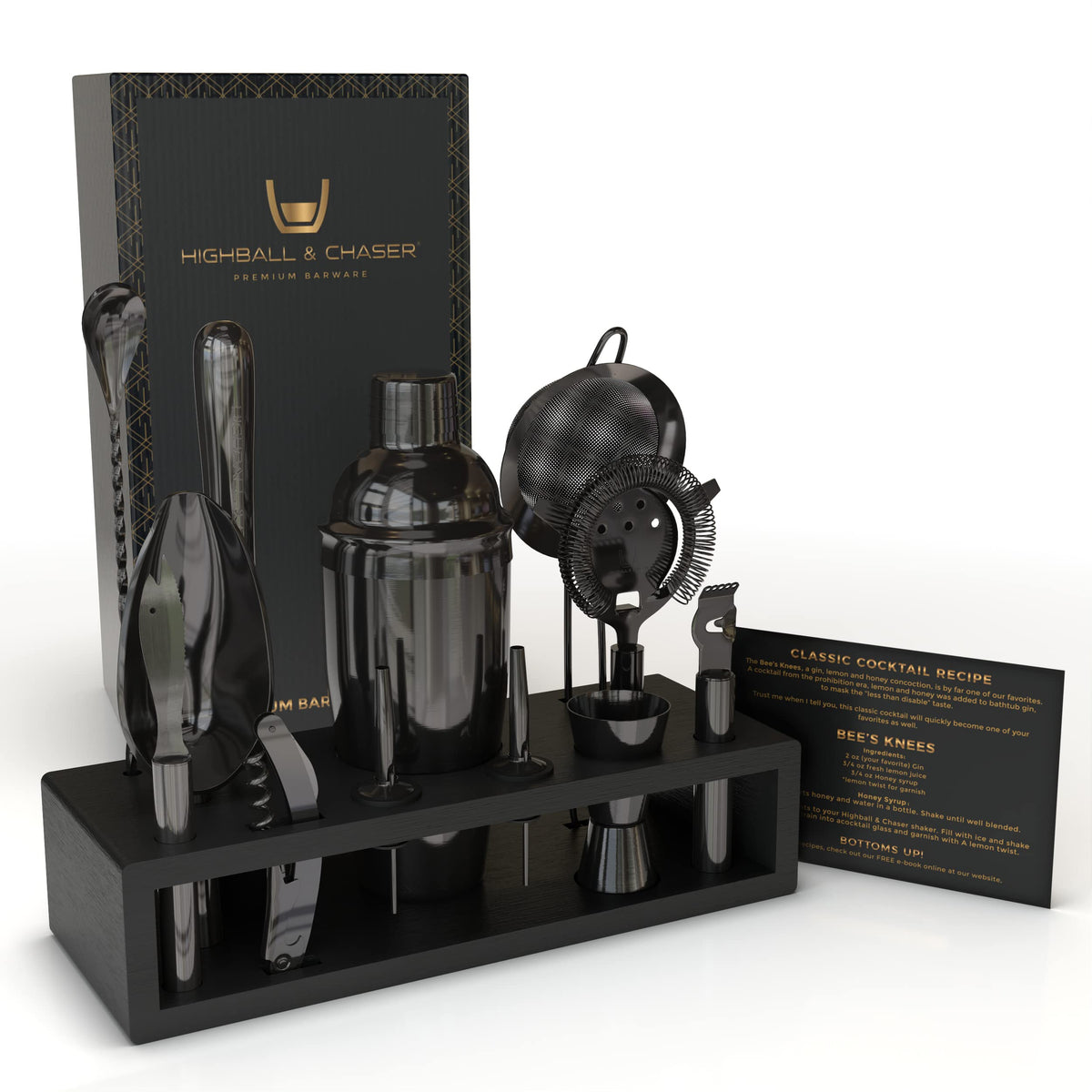 Conjunto Cobbler Highball & Chaser en soporte de bambú negro, ideal para bar en casa.