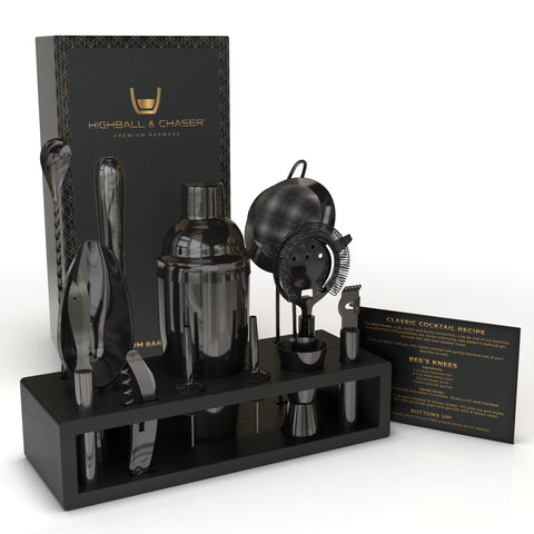 Conjunto Cobbler Highball & Chaser en soporte de bambú negro, ideal para bar en casa.