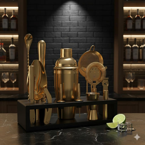 Shaker de coctelería Highball & Chaser acabado mate dorado, eficiente y elegante