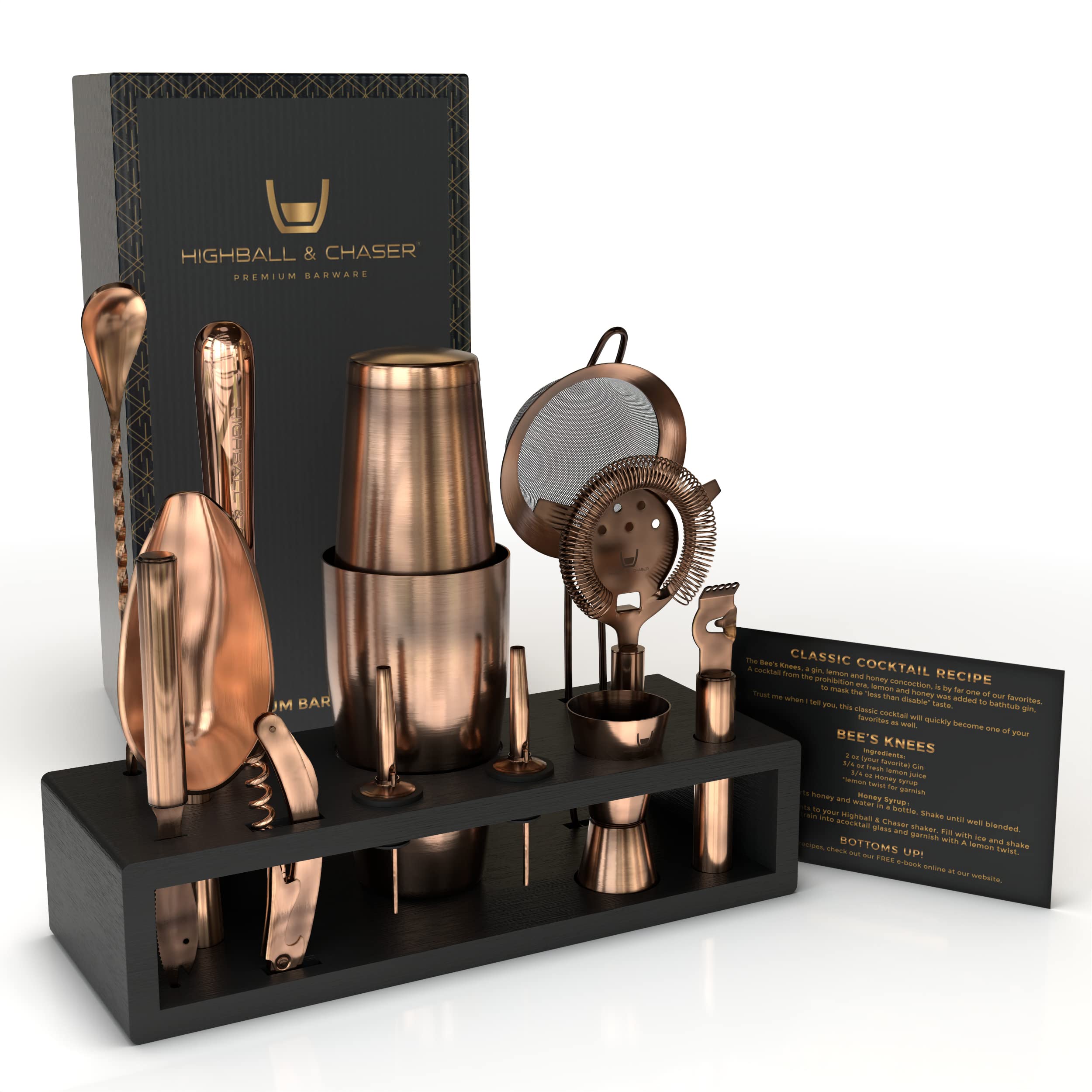 Highball & Chaser kit de barra con soporte de bambú negro para una barra ordenada en casa.