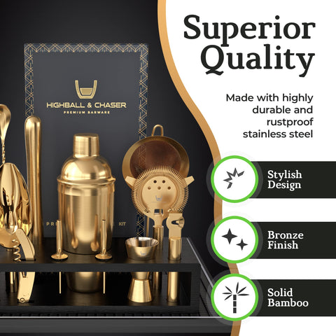 Soporte de bambú Highball & Chaser deluxe, exhibe todo el conjunto de barra