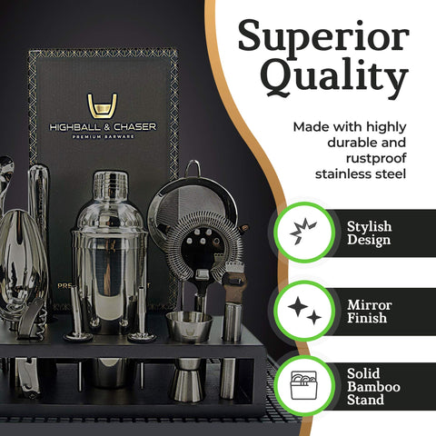 Soporte de bambú Highball & Chaser mantiene herramientas ordenadas.