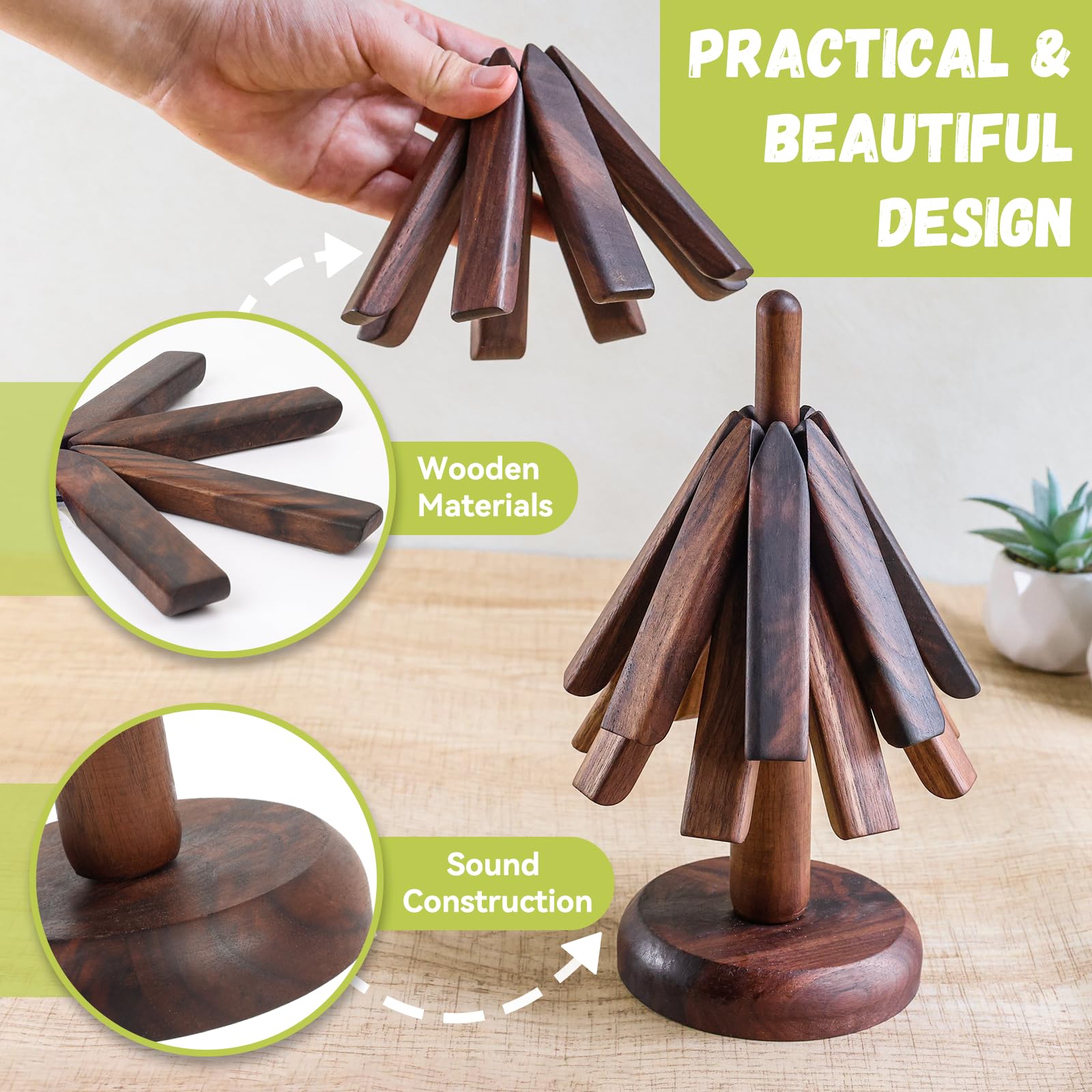 HighHogh salvamantel plegable en árbol: soporte estable para ollas calientes.
