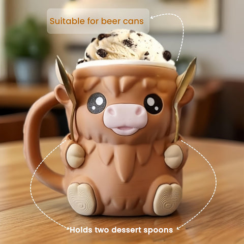 Highland Cow Ice Pint Holder detalle-textura: acabado realista para postres divertidos.