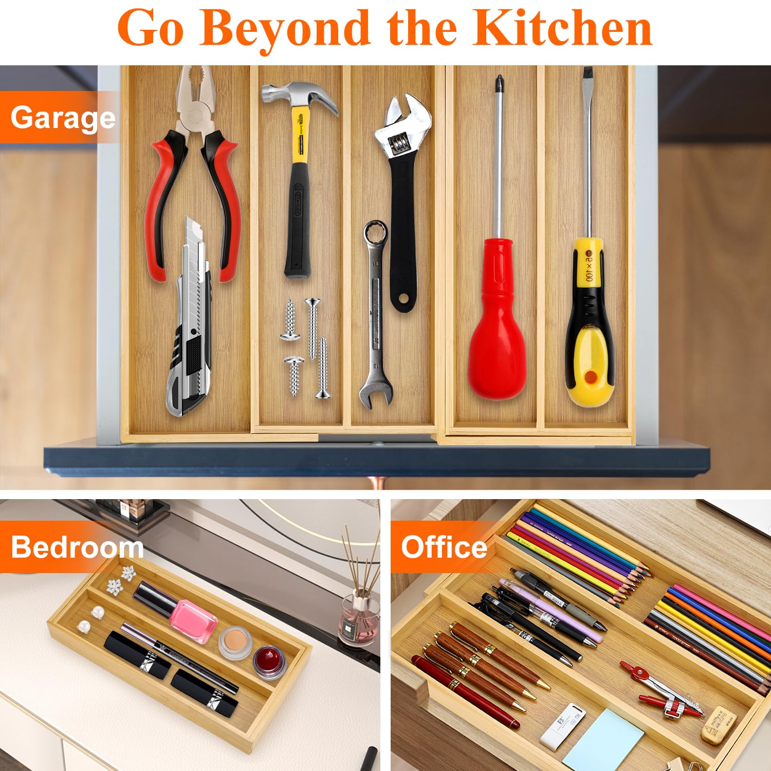 Hilislog con dos compartimentos grandes en bambú para utensilios de cocina.
