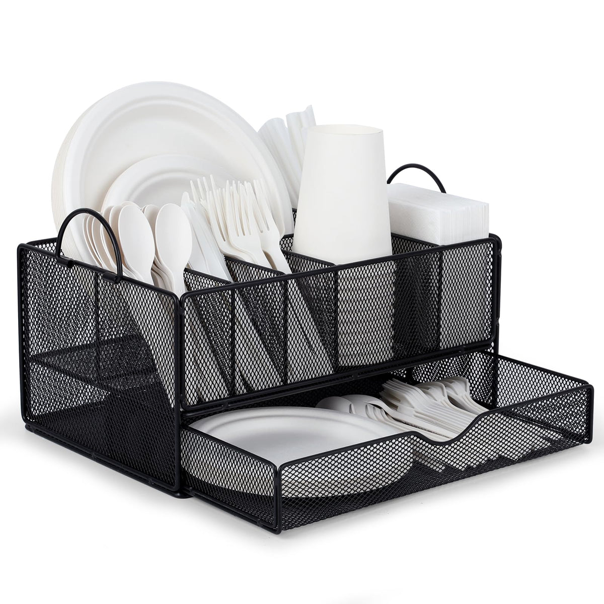Himake organizador de platos de papel, vista general, ideal para orden diario en mostradores.