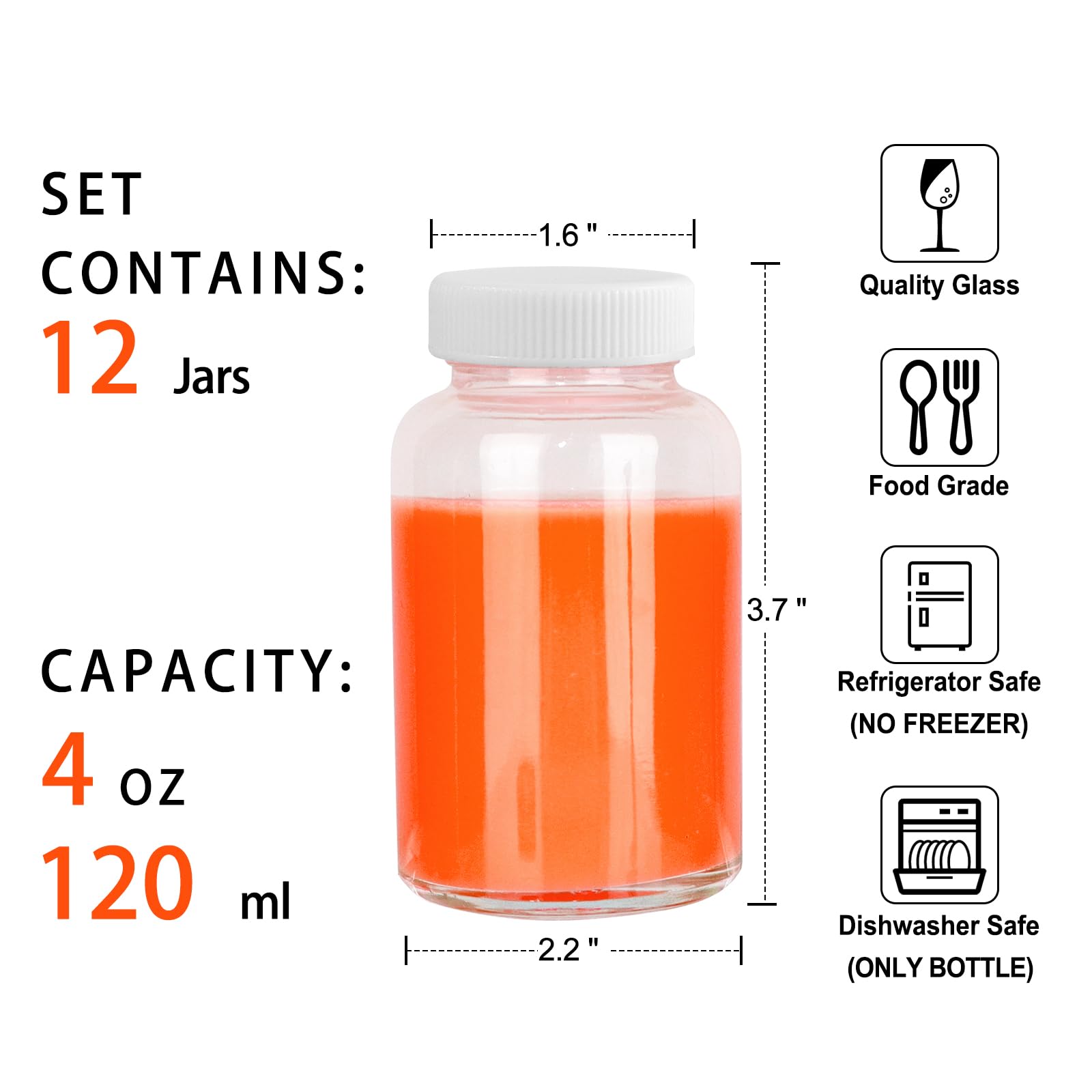 Botellas de vidrio transparentes de 120 ml con etiquetas incluidas para personalizar.