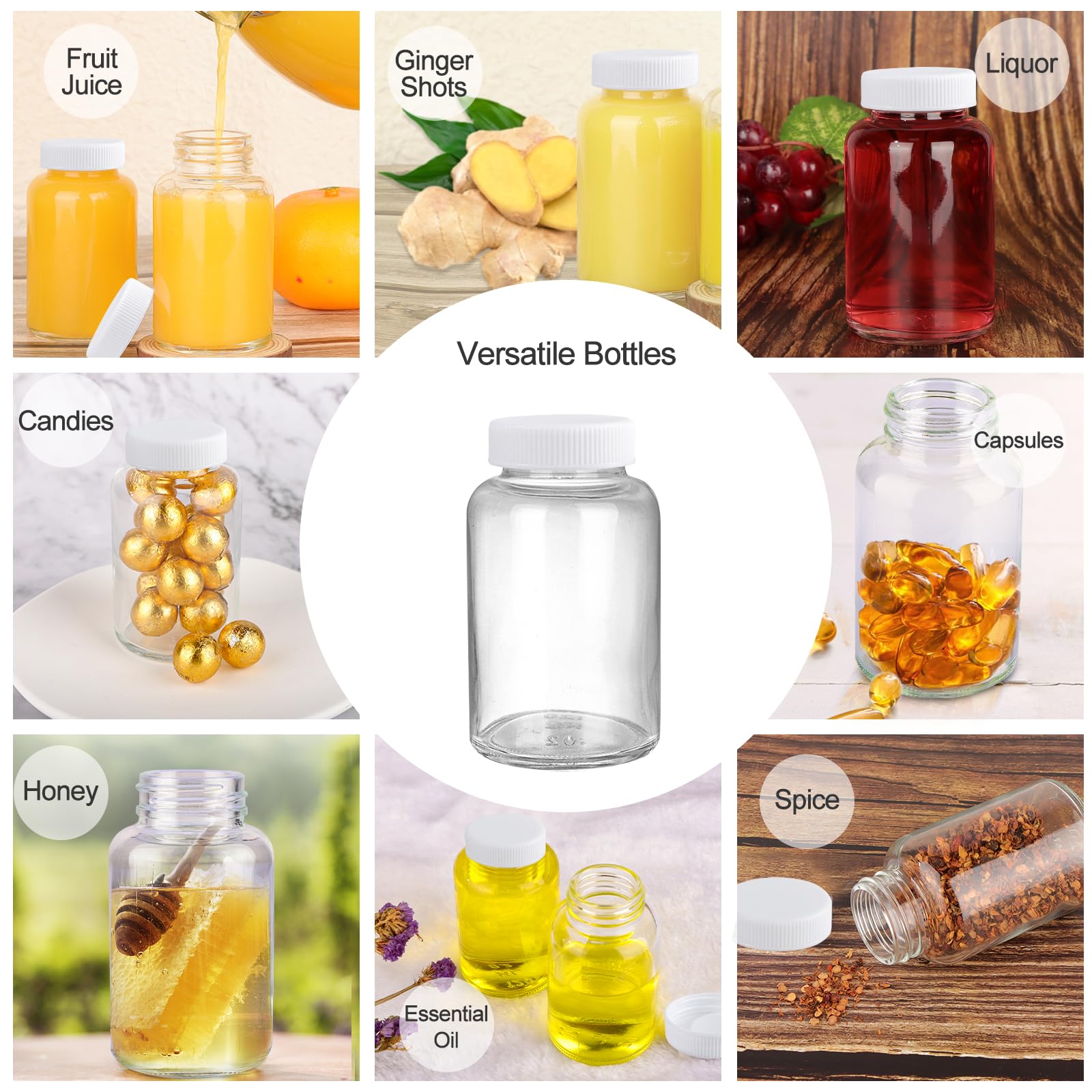 Conjunto de 12 botellas de vidrio para bebidas y presentaciones.
