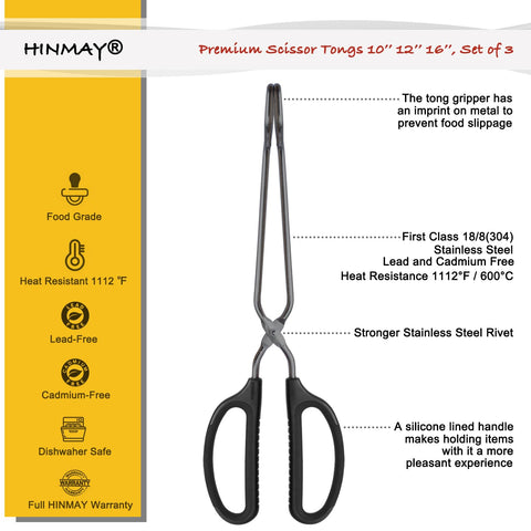 Tenazas HINMAY de 12 pulgadas con mango ergonómico, ideal para voltear carnes y verduras.