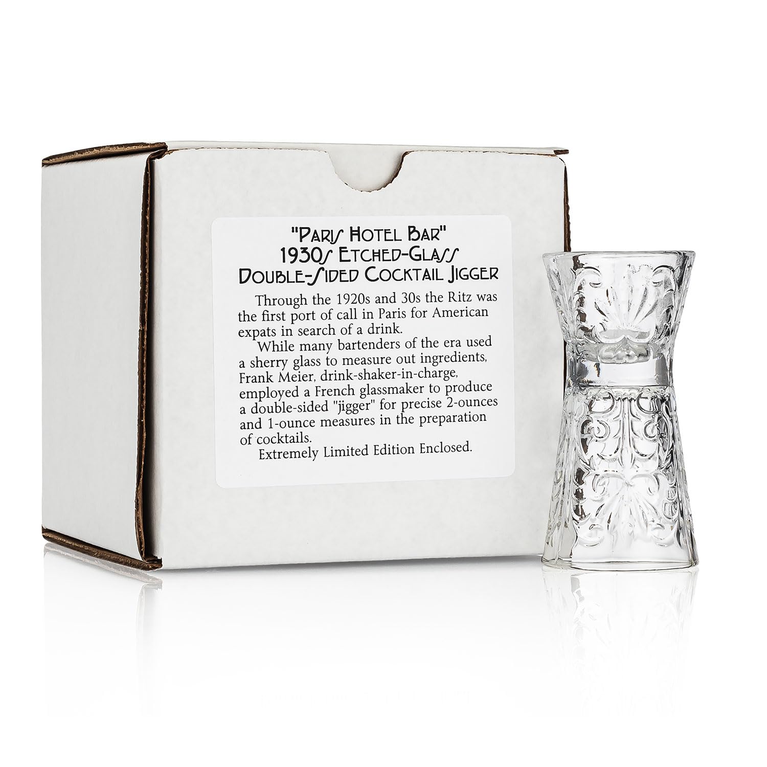 History Company jigger de cristal doble cara, vista frontal, medición precisa para cocteles.