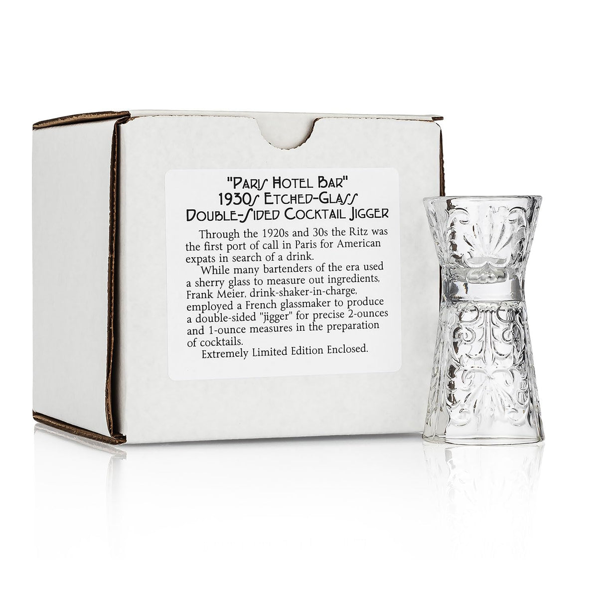 History Company jigger de cristal doble cara, vista frontal, medición precisa para cocteles.