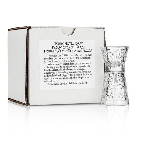 History Company jigger de cristal doble cara, vista frontal, medición precisa para cocteles.