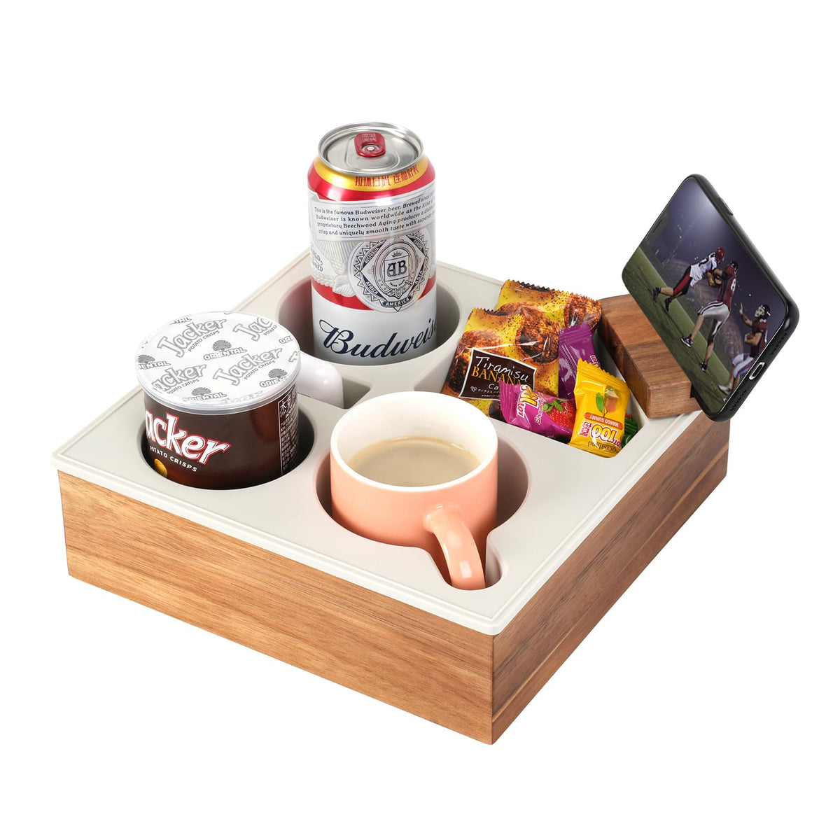 Hitseon bandeja portavasos para sofá, silicona estable para bebidas.