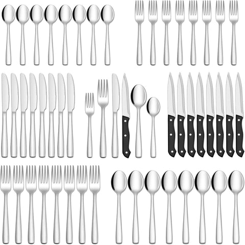 HIWARE juego de cubiertos de 48 piezas para ocho comensales, mesa completa y elegante.