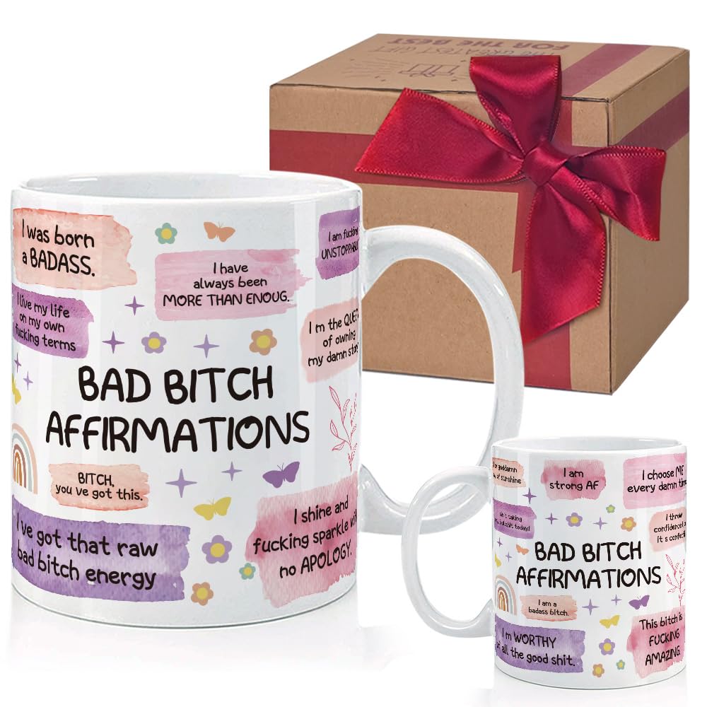 Taza HIWERAN con afirmaciones divertidas para comenzar el día con humor.