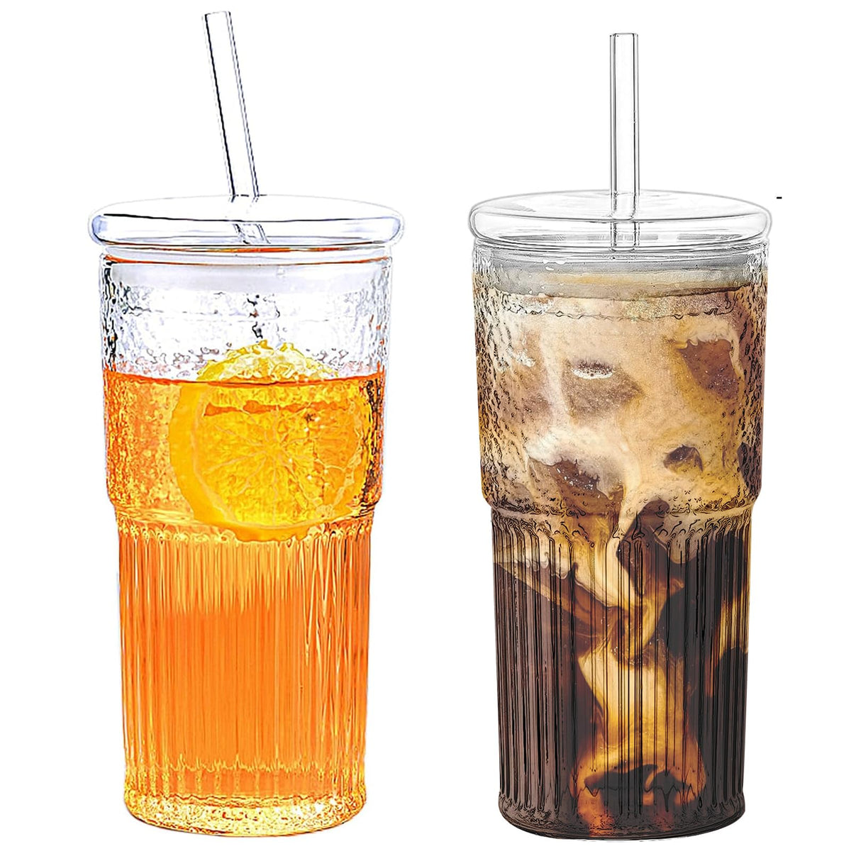 HIYAA vasos de vidrio borosilicato con tapa y pajilla, perfectos para café helado.