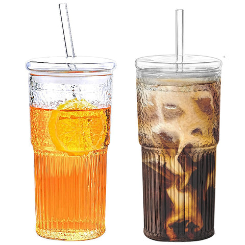 HIYAA vasos de vidrio borosilicato con tapa y pajilla, perfectos para café helado.