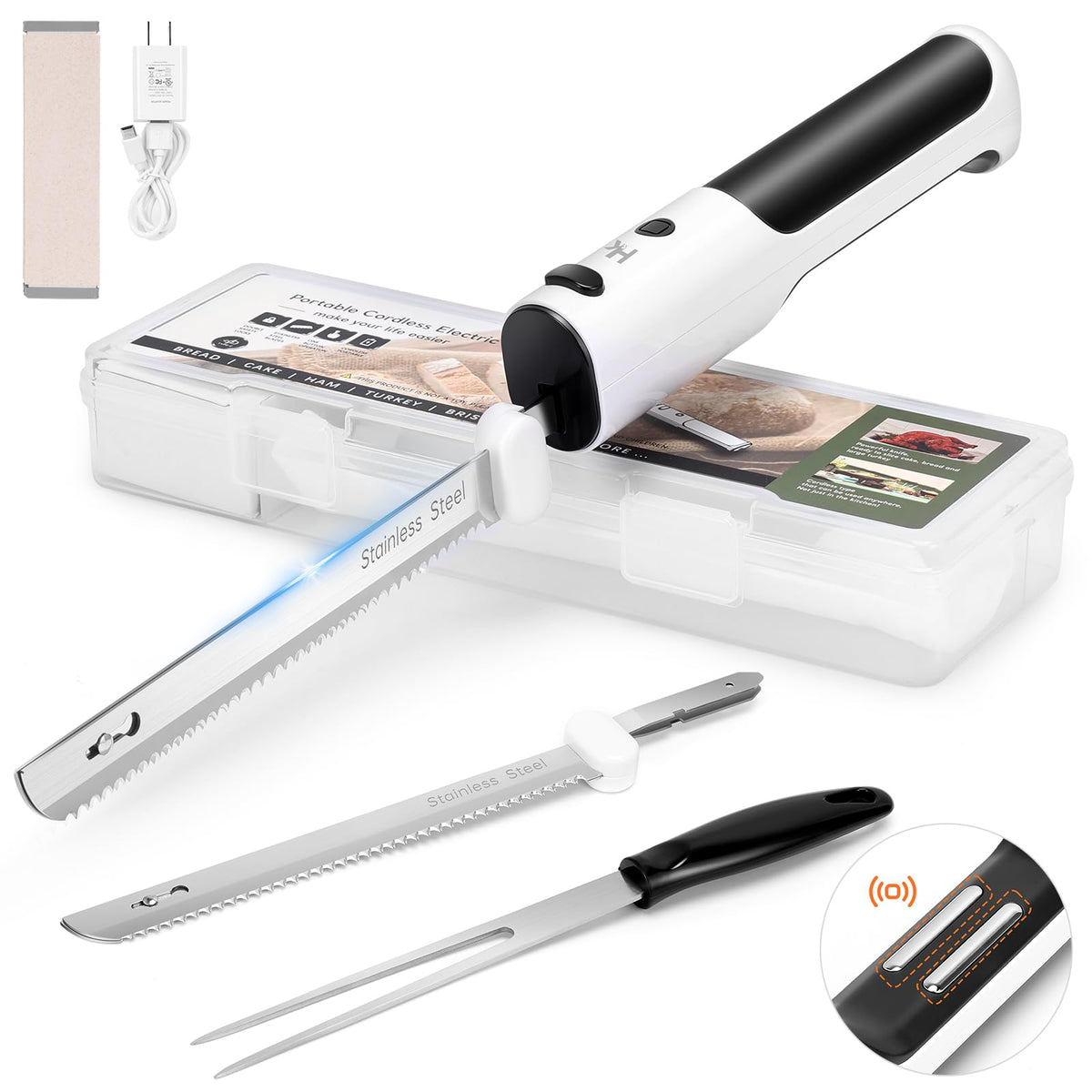 HK Cuchillo eléctrico inalámbrico: corte suave y preciso para jamón.