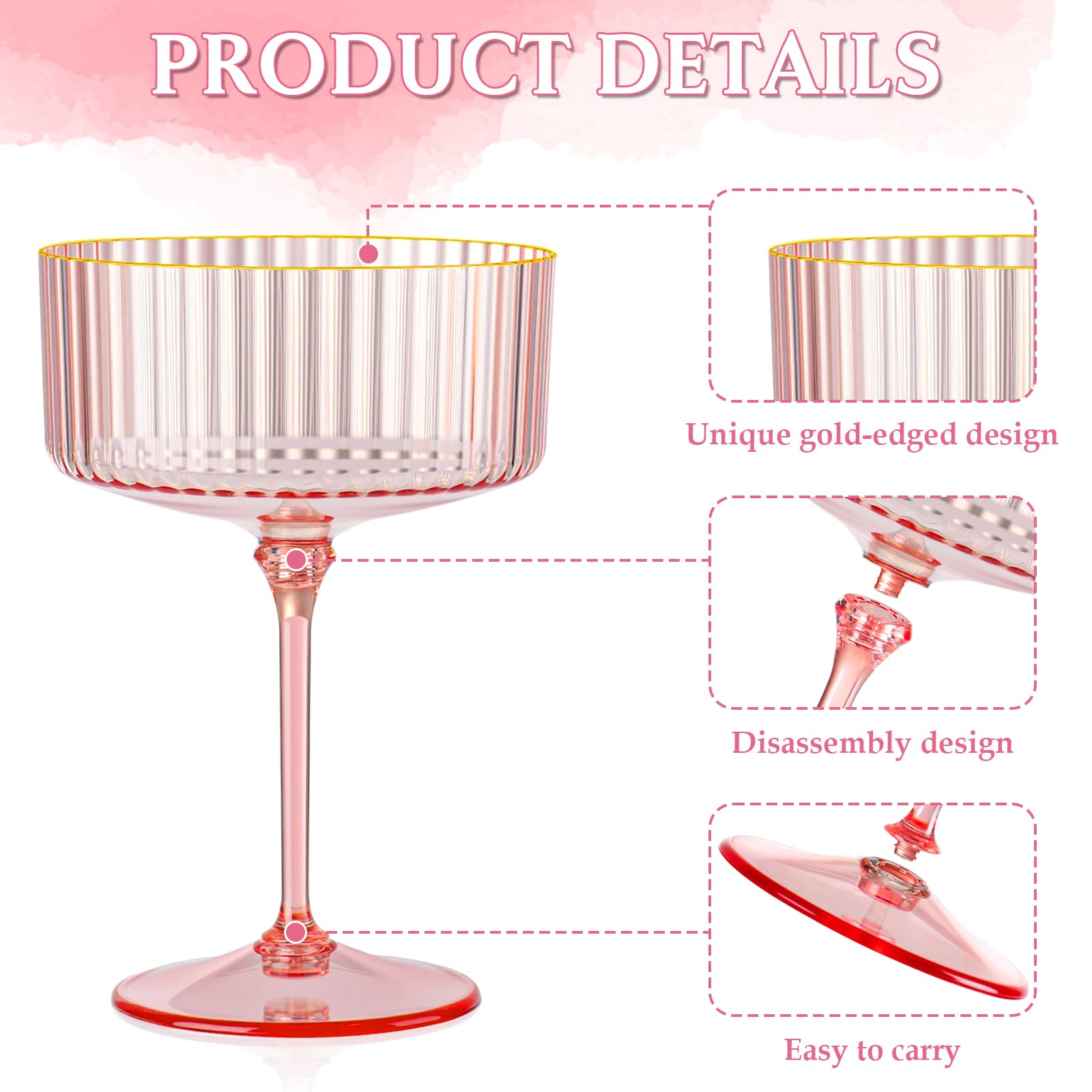 Vaso cóctel rosado HKSZEH, diseño acanalado que realza la presentación de bebidas.