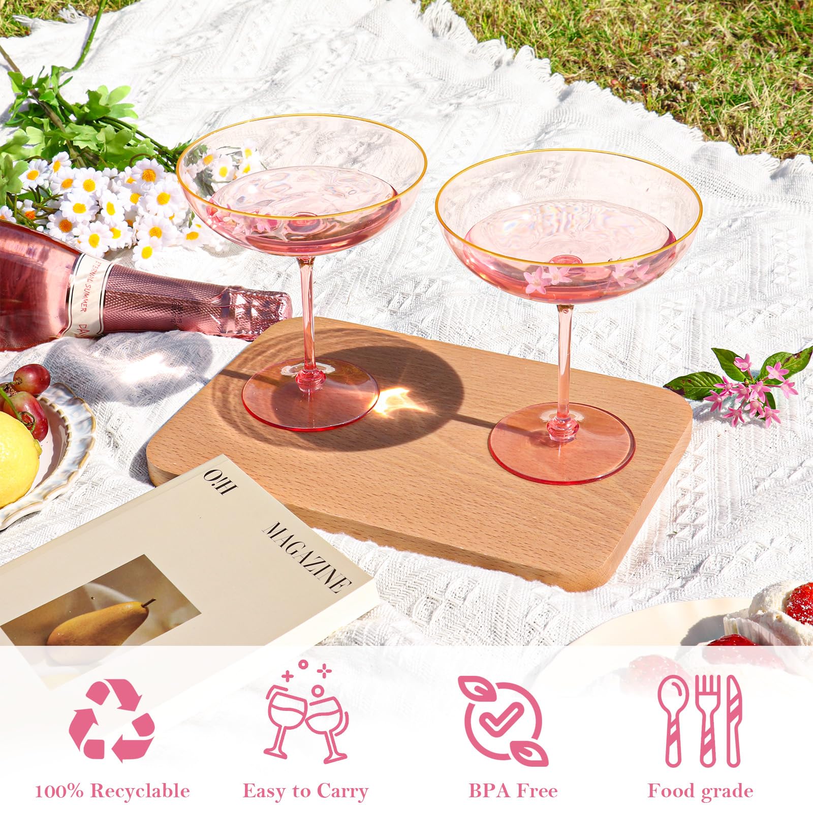 Copa rosa con borde dorado HKSZEH, elegante para celebraciones.