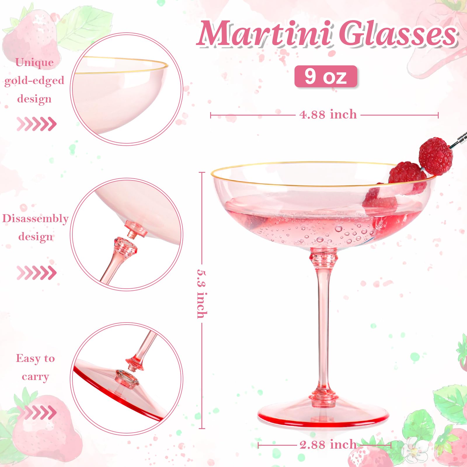 Copa martini plástica rosa HKSZEH desmontable, 9 onzas para cócteles.