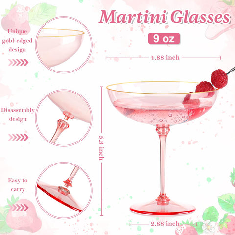 Copa martini plástica rosa HKSZEH desmontable, 9 onzas para cócteles.