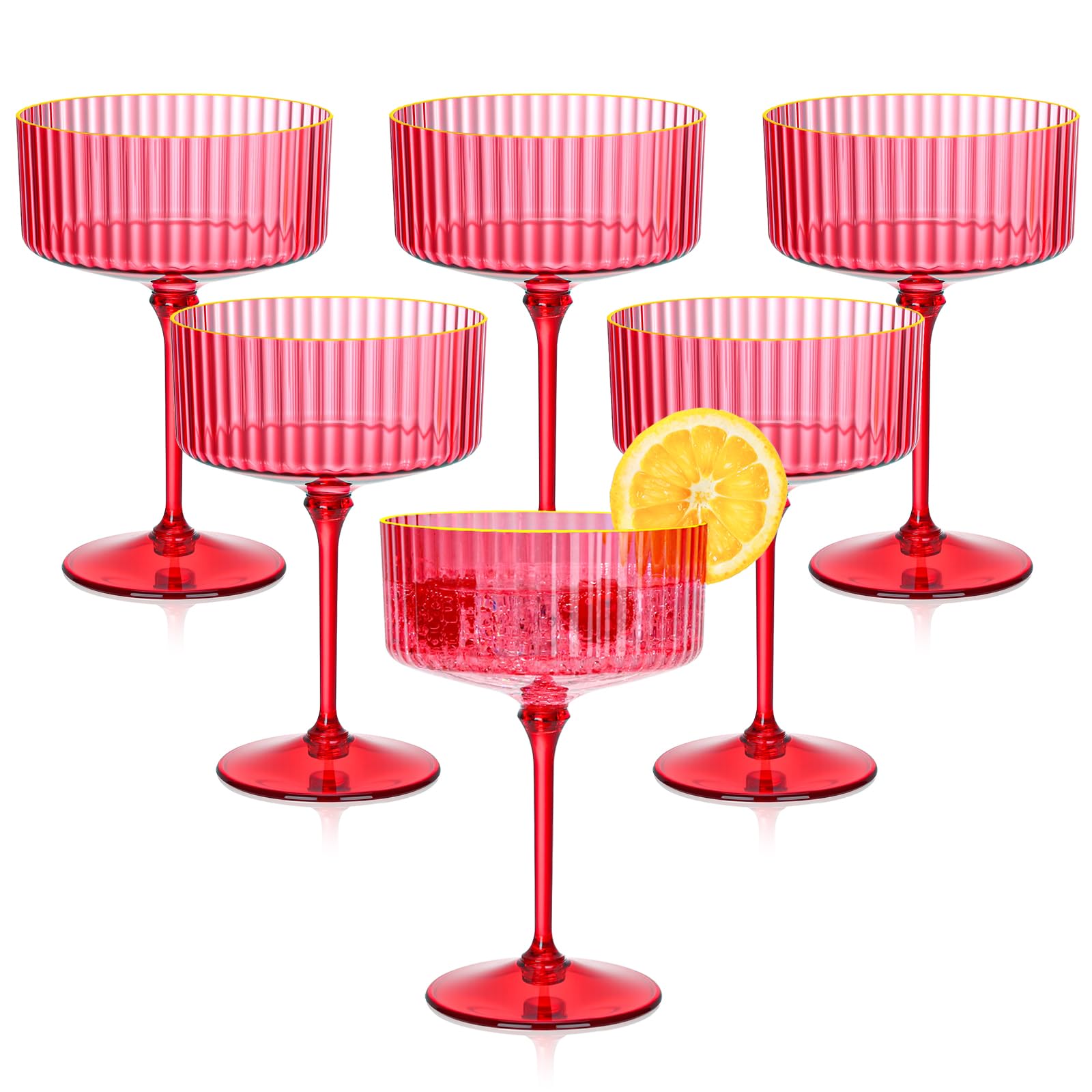 Vaso martini plástico HKSZEH rojo con textura acanalada y aro dorado para 10 oz