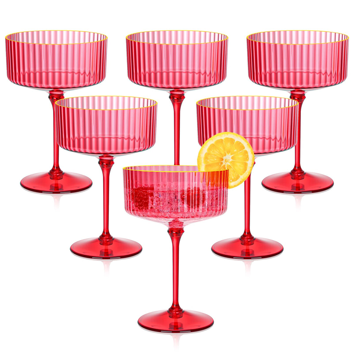 Vaso martini plástico HKSZEH rojo con textura acanalada y aro dorado para 10 oz