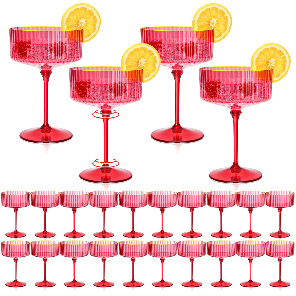 Vaso martini de plástico HKSZEH con textura acanalada y borde dorado, ideal para cócteles festivos.