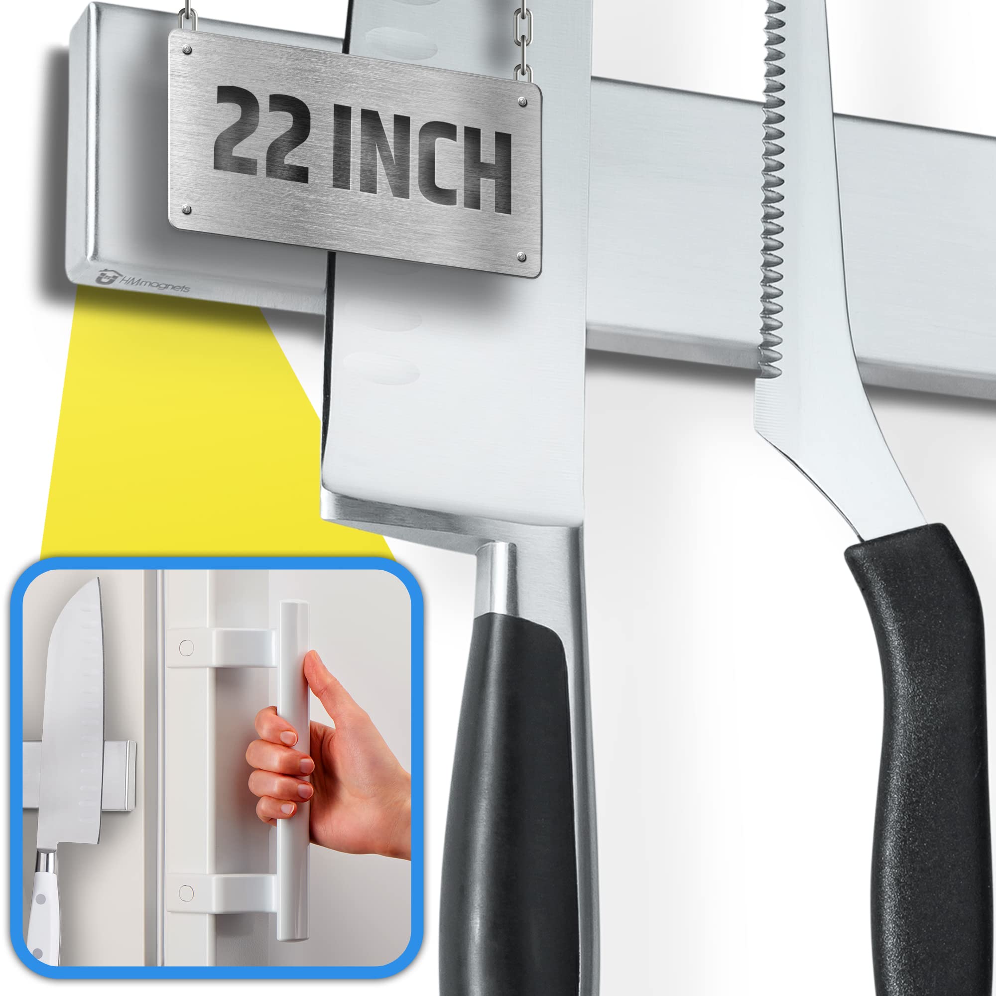 HMmagnets cuchillos imantados en nevera de doble cara para acceso rápido.