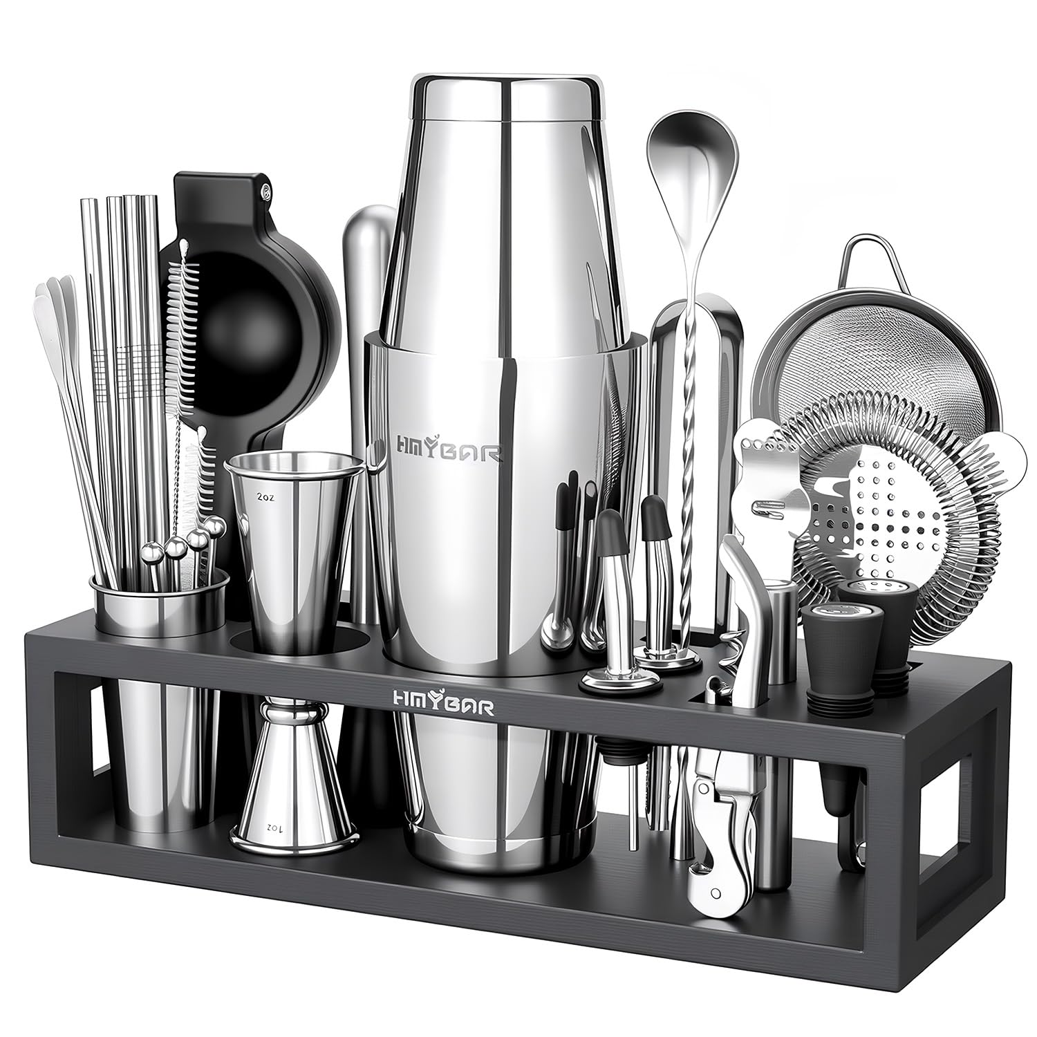 Kit HMYBAR Mixology en soporte de bambú negro, orden y estilo para la barra en casa.