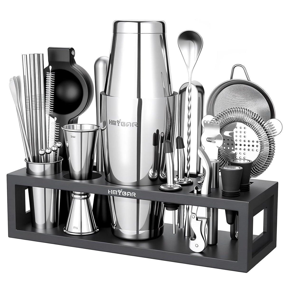 Kit HMYBAR Mixology en soporte de bambú negro, orden y estilo para la barra en casa.